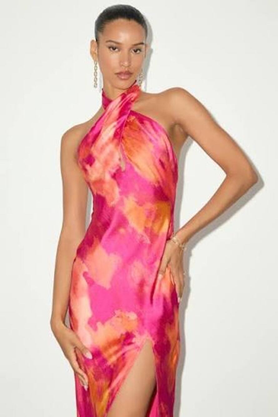LULU'S Midi Dress Beyond Classy Pink Multi Abstract Print Satin Halter M Medium